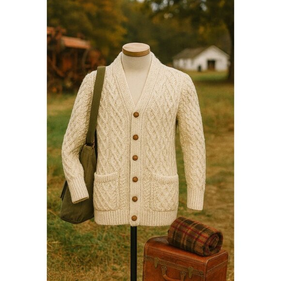 Vintage John Molloy Irish Wool Aran Cable Knit Cardigan - Picture 11 of 11